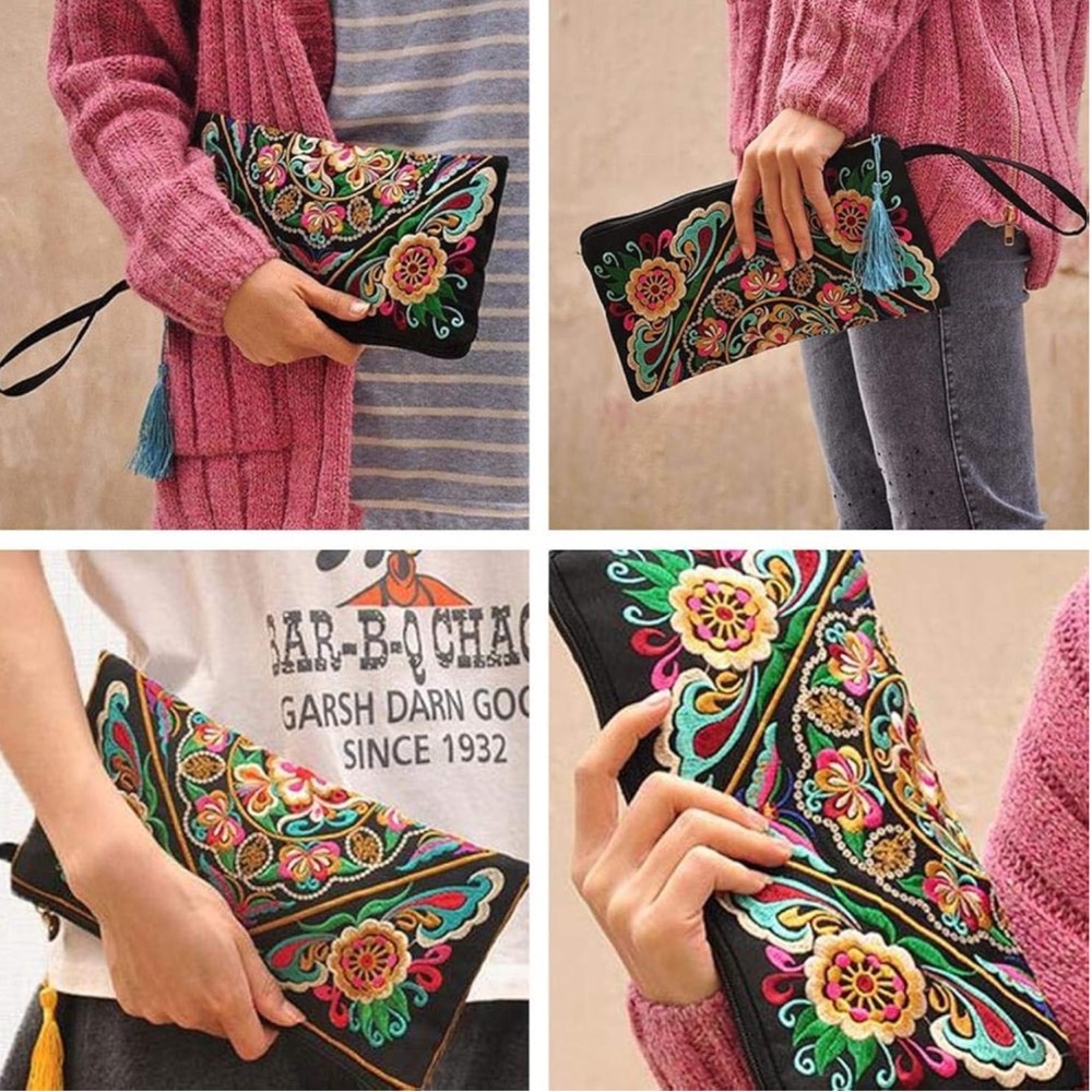 Floral Embroidered Black Wristlet/Clutch - Picture 3 of 15